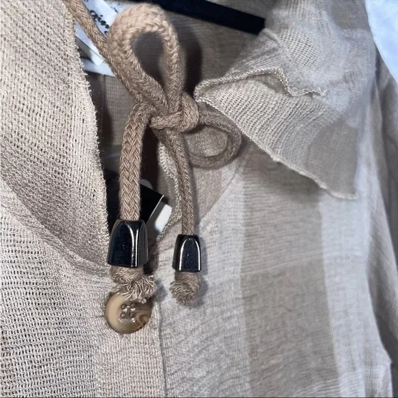 Natural Plaid Check Lagenlook Tunic Dress Size Large Drawstring Button Front - Picture 9 of 14